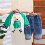 Ensemble garçon veste bicolore vert/blanc + jean – Image 2