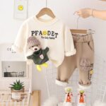 Ensemble garçon sweat imprimé beige + pantalon marron